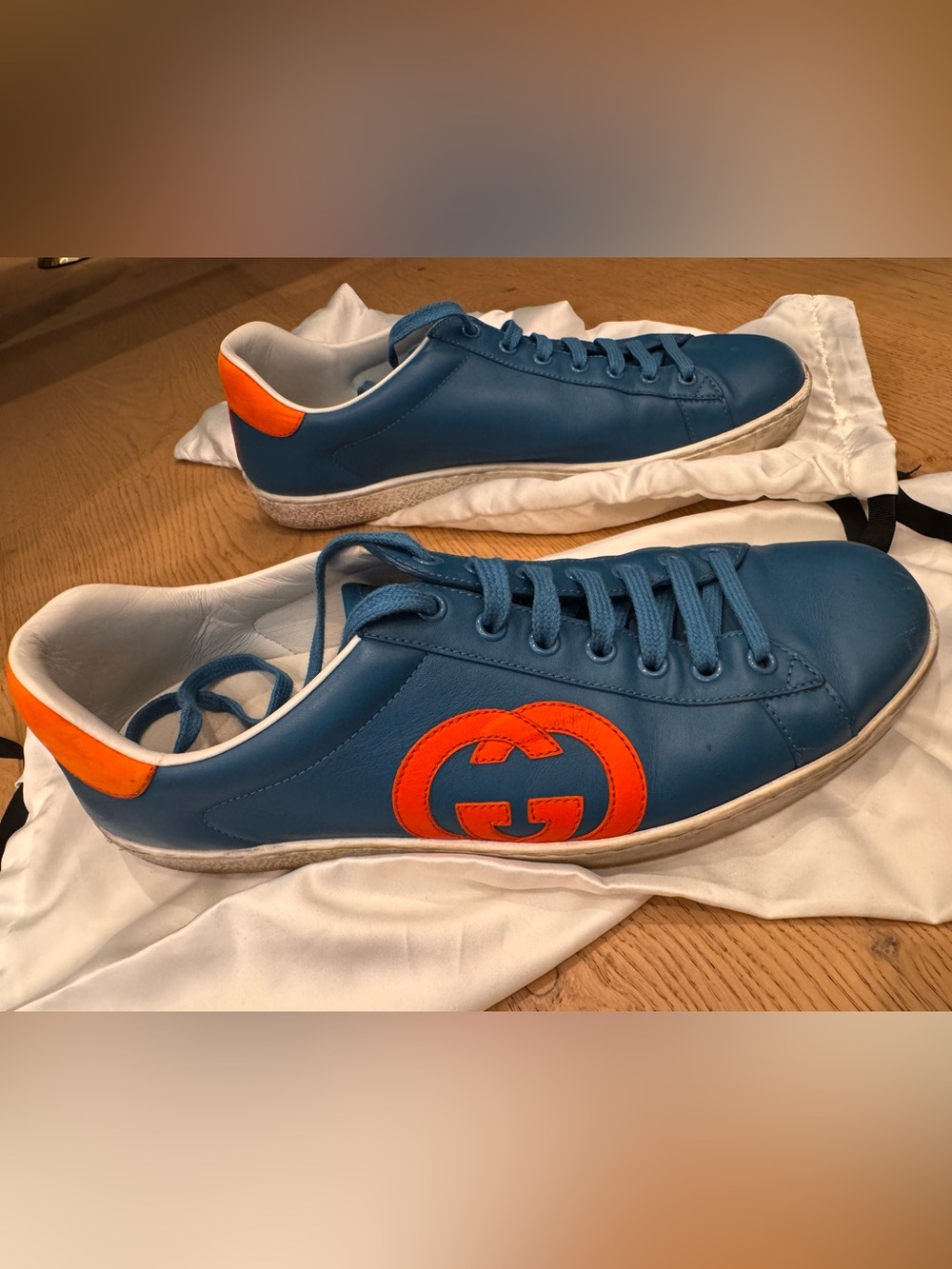 Gucci Blue Leather Sneakers with Orange GG Emblem and Heel Tab